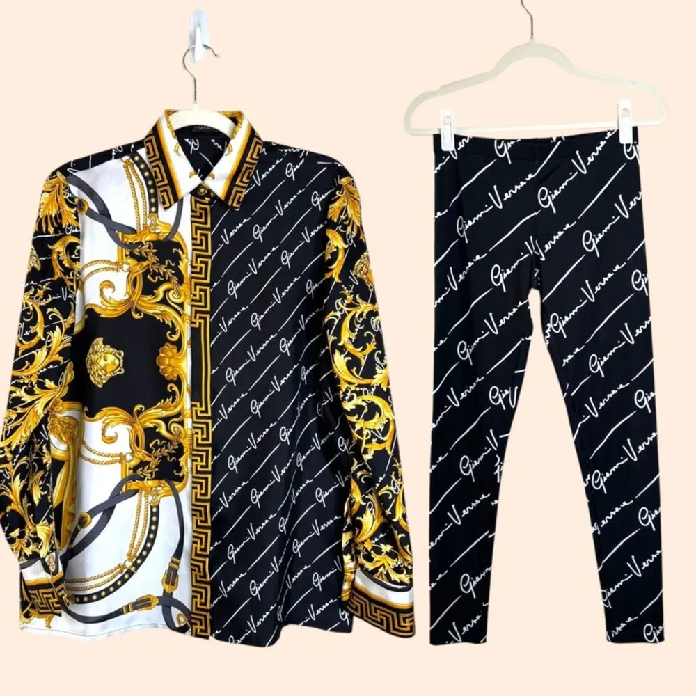 Versace Black & Gold Baroque Print Two-Piece Pantsuit - Picture 1 of 12